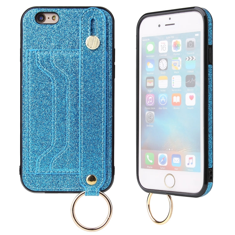 Glitter Powder PU+TPU Shockproof Protective Case with Holder & Card Slots & Wrist Strap For iPhone 6 / 6s