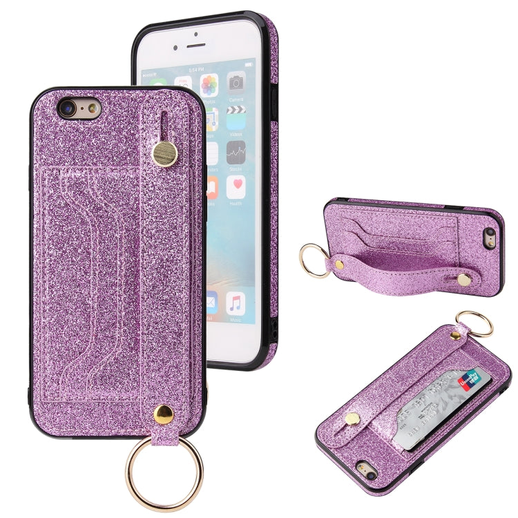 Glitter Powder PU+TPU Shockproof Protective Case with Holder & Card Slots & Wrist Strap For iPhone 6 / 6s