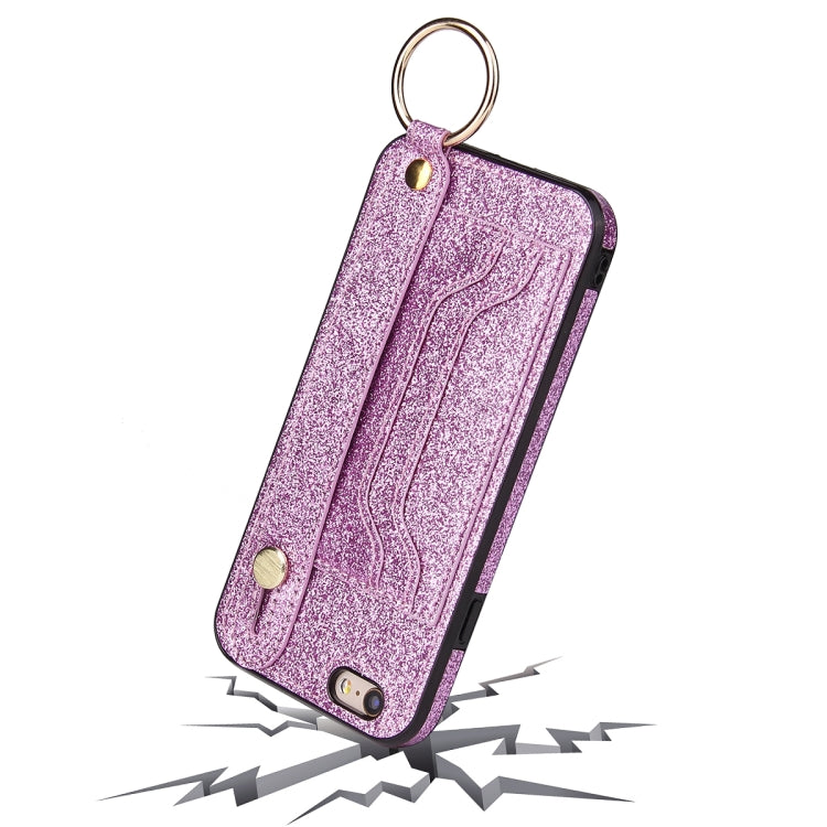 Glitter Powder PU+TPU Shockproof Protective Case with Holder & Card Slots & Wrist Strap For iPhone 6 / 6s