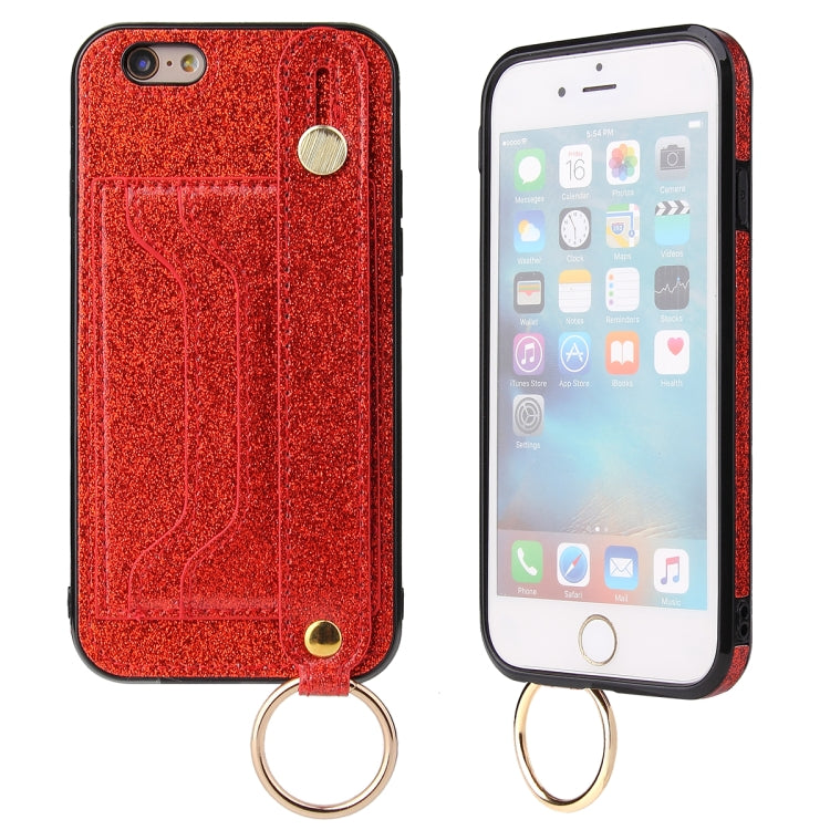 Glitter Powder PU+TPU Shockproof Protective Case with Holder & Card Slots & Wrist Strap For iPhone 6 Plus / 6s Plus