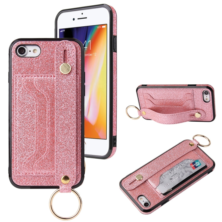For iPhone SE 2022 / SE 2020 / 8 / 7 Glitter Powder PU+TPU Shockproof Protective Case with Holder & Card Slots & Wrist Strap