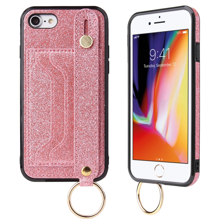 For iPhone SE 2022 / SE 2020 / 8 / 7 Glitter Powder PU+TPU Shockproof Protective Case with Holder & Card Slots & Wrist Strap