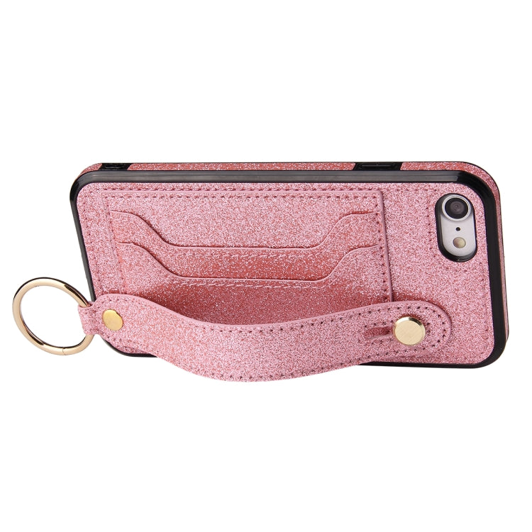 For iPhone SE 2022 / SE 2020 / 8 / 7 Glitter Powder PU+TPU Shockproof Protective Case with Holder & Card Slots & Wrist Strap
