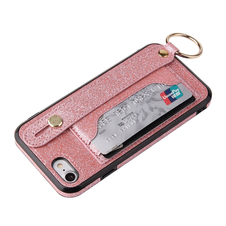For iPhone SE 2022 / SE 2020 / 8 / 7 Glitter Powder PU+TPU Shockproof Protective Case with Holder & Card Slots & Wrist Strap