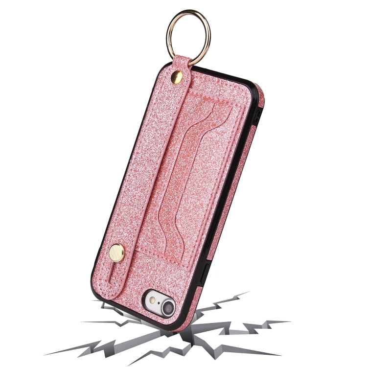 For iPhone SE 2022 / SE 2020 / 8 / 7 Glitter Powder PU+TPU Shockproof Protective Case with Holder & Card Slots & Wrist Strap