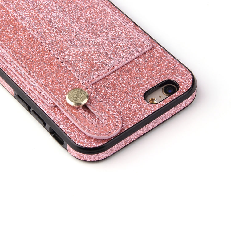 For iPhone SE 2022 / SE 2020 / 8 / 7 Glitter Powder PU+TPU Shockproof Protective Case with Holder & Card Slots & Wrist Strap