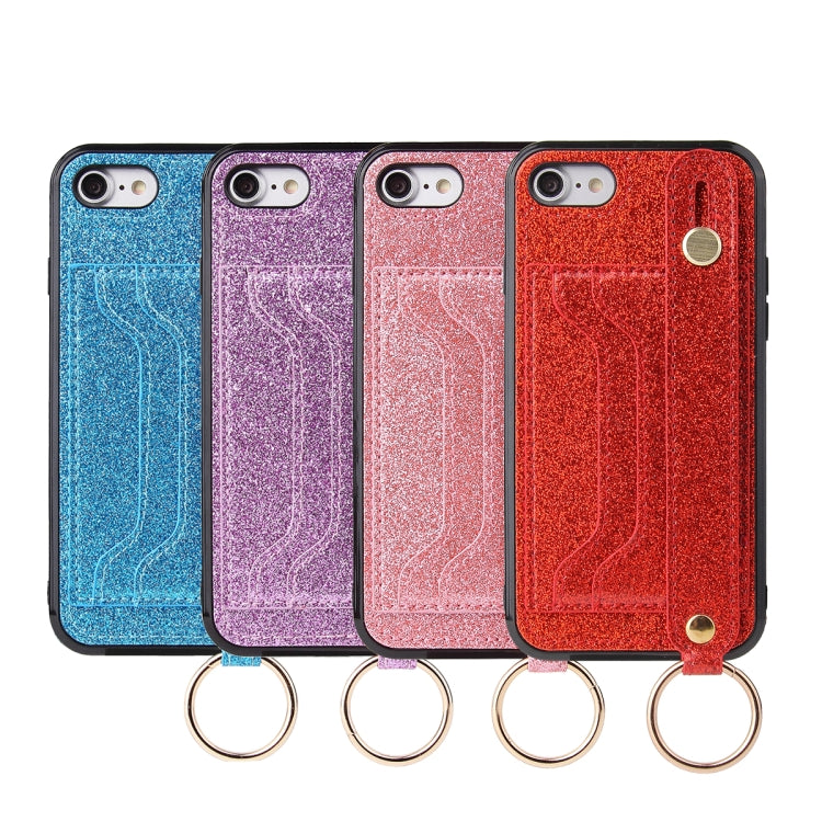 For iPhone SE 2022 / SE 2020 / 8 / 7 Glitter Powder PU+TPU Shockproof Protective Case with Holder & Card Slots & Wrist Strap