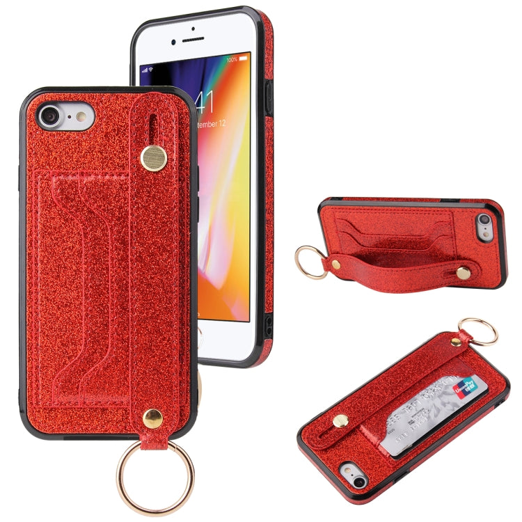 For iPhone SE 2022 / SE 2020 / 8 / 7 Glitter Powder PU+TPU Shockproof Protective Case with Holder & Card Slots & Wrist Strap