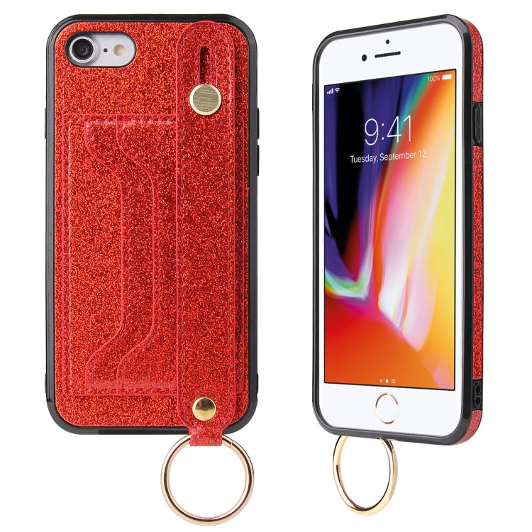 For iPhone SE 2022 / SE 2020 / 8 / 7 Glitter Powder PU+TPU Shockproof Protective Case with Holder & Card Slots & Wrist Strap