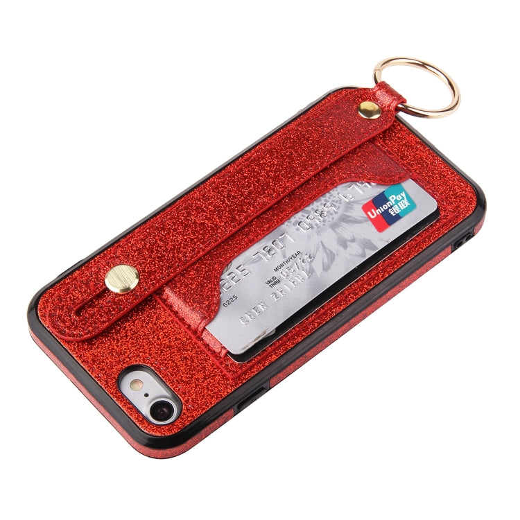 For iPhone SE 2022 / SE 2020 / 8 / 7 Glitter Powder PU+TPU Shockproof Protective Case with Holder & Card Slots & Wrist Strap