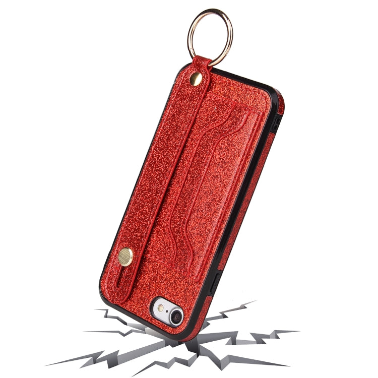 For iPhone SE 2022 / SE 2020 / 8 / 7 Glitter Powder PU+TPU Shockproof Protective Case with Holder & Card Slots & Wrist Strap