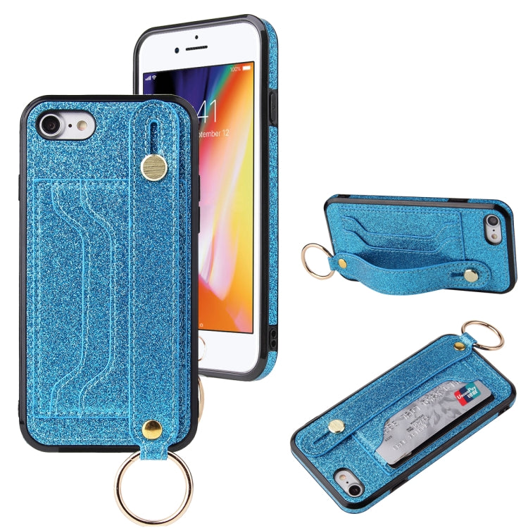 For iPhone SE 2022 / SE 2020 / 8 / 7 Glitter Powder PU+TPU Shockproof Protective Case with Holder & Card Slots & Wrist Strap