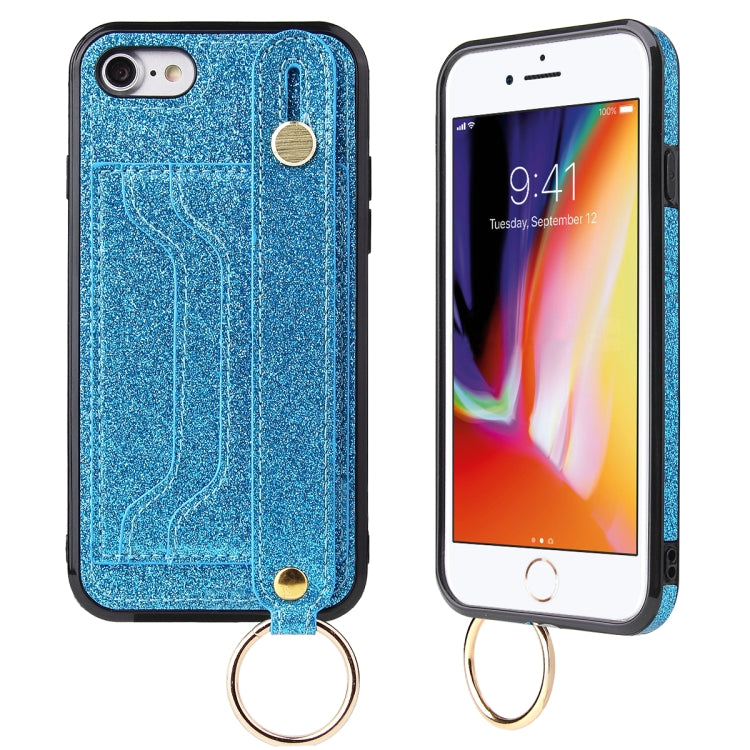For iPhone SE 2022 / SE 2020 / 8 / 7 Glitter Powder PU+TPU Shockproof Protective Case with Holder & Card Slots & Wrist Strap