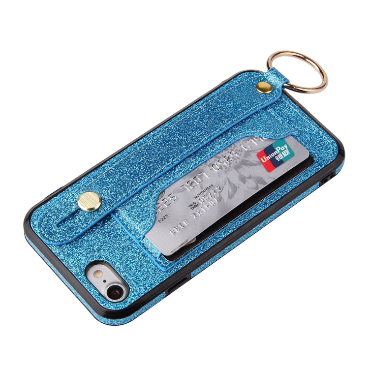 For iPhone SE 2022 / SE 2020 / 8 / 7 Glitter Powder PU+TPU Shockproof Protective Case with Holder & Card Slots & Wrist Strap
