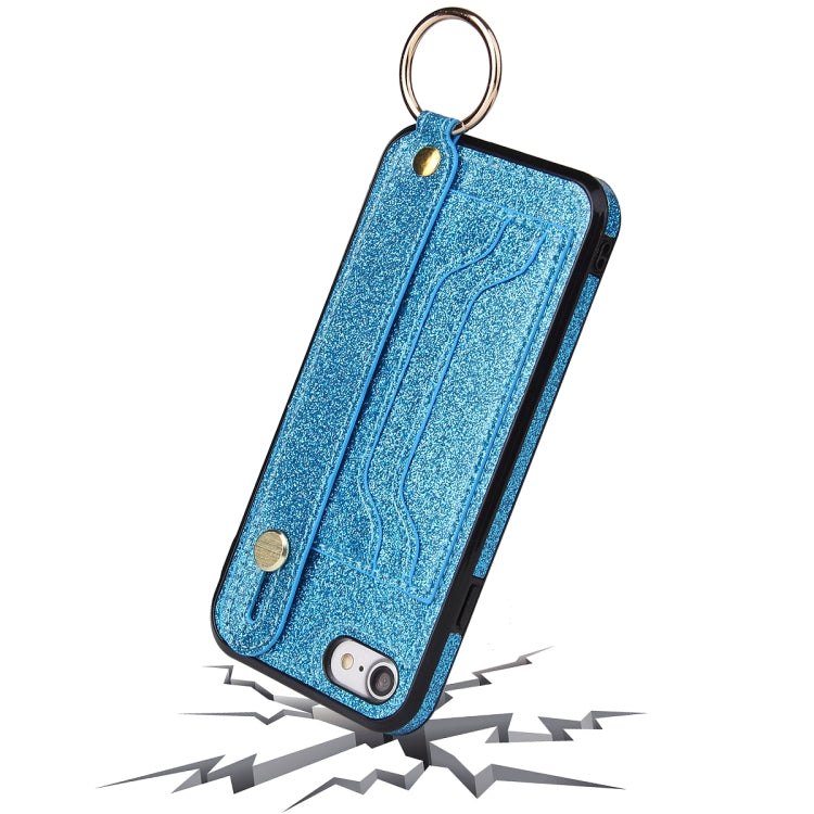 For iPhone SE 2022 / SE 2020 / 8 / 7 Glitter Powder PU+TPU Shockproof Protective Case with Holder & Card Slots & Wrist Strap