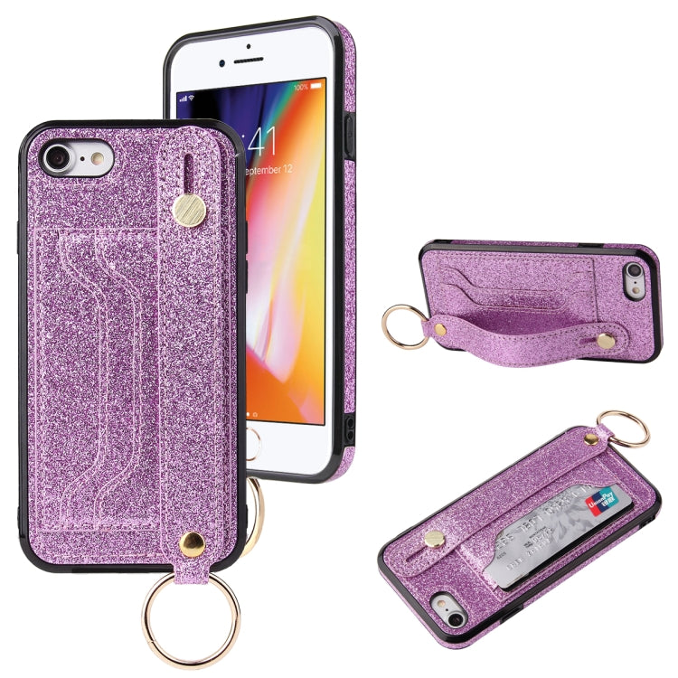 For iPhone SE 2022 / SE 2020 / 8 / 7 Glitter Powder PU+TPU Shockproof Protective Case with Holder & Card Slots & Wrist Strap