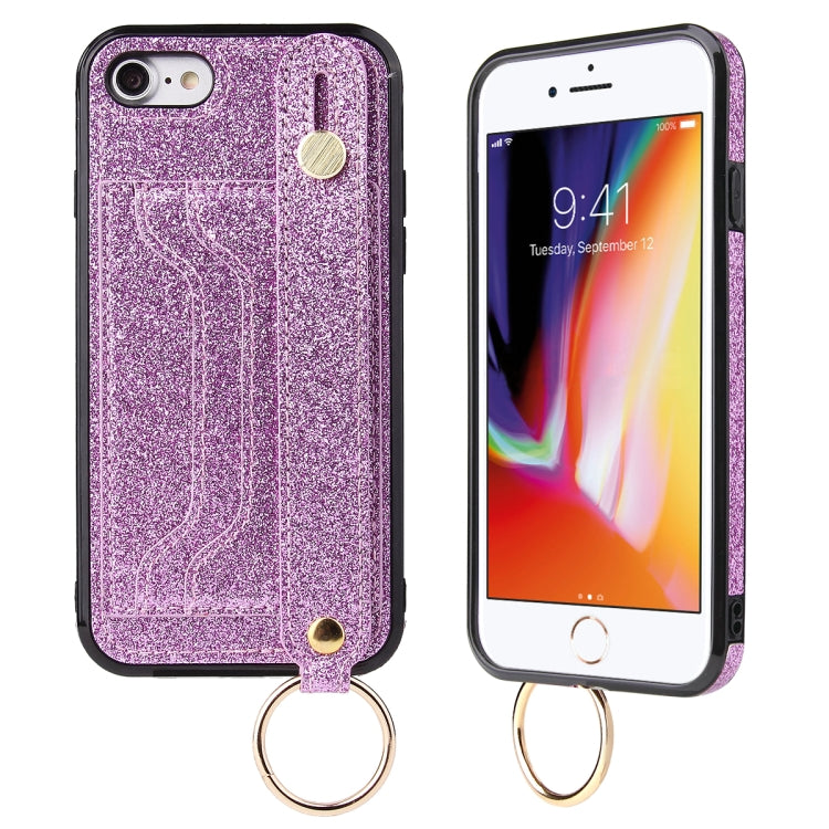 For iPhone SE 2022 / SE 2020 / 8 / 7 Glitter Powder PU+TPU Shockproof Protective Case with Holder & Card Slots & Wrist Strap
