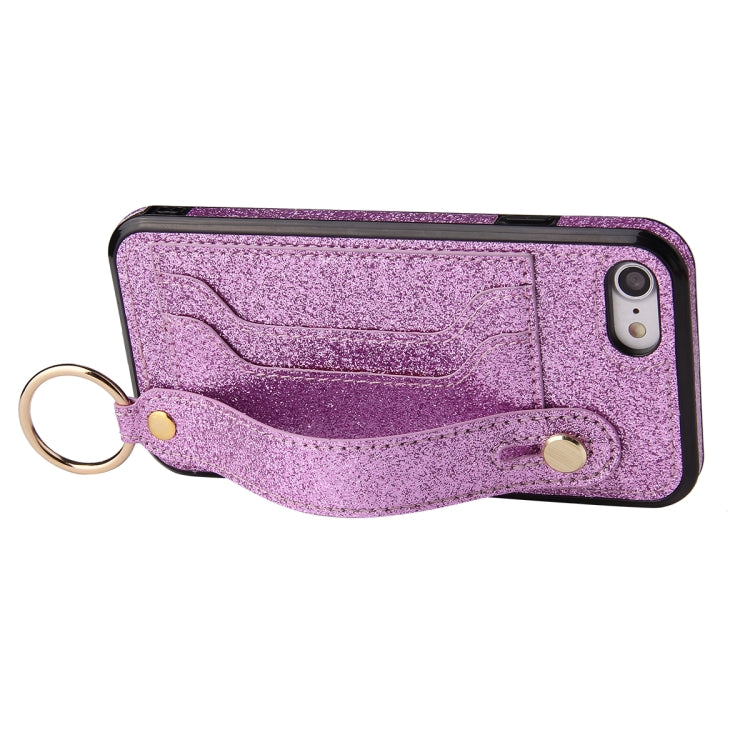For iPhone SE 2022 / SE 2020 / 8 / 7 Glitter Powder PU+TPU Shockproof Protective Case with Holder & Card Slots & Wrist Strap