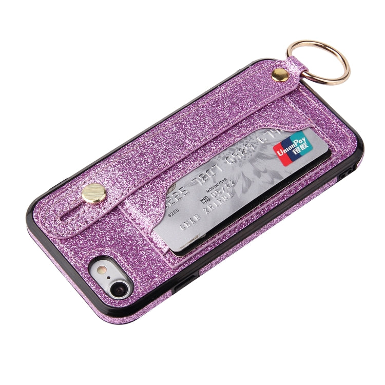 For iPhone SE 2022 / SE 2020 / 8 / 7 Glitter Powder PU+TPU Shockproof Protective Case with Holder & Card Slots & Wrist Strap