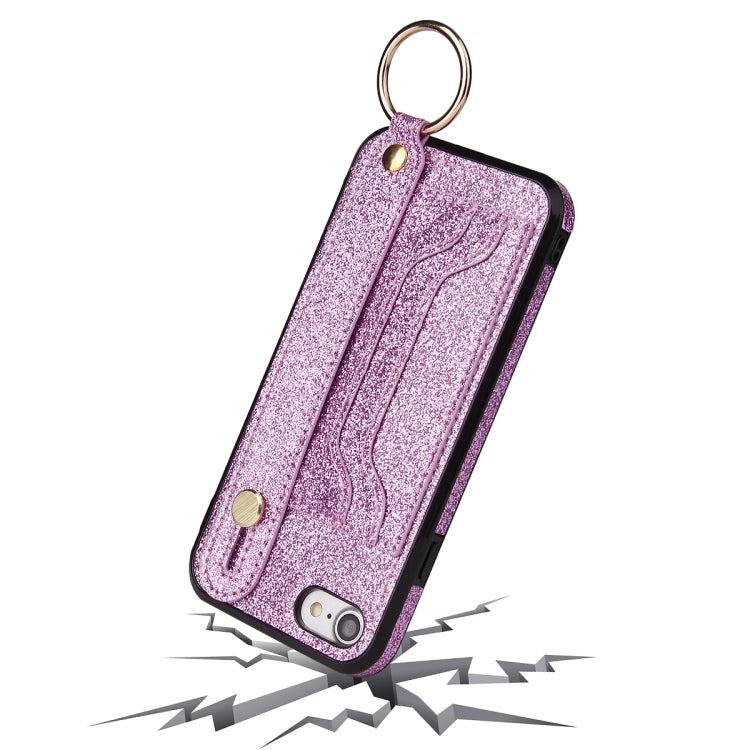 For iPhone SE 2022 / SE 2020 / 8 / 7 Glitter Powder PU+TPU Shockproof Protective Case with Holder & Card Slots & Wrist Strap