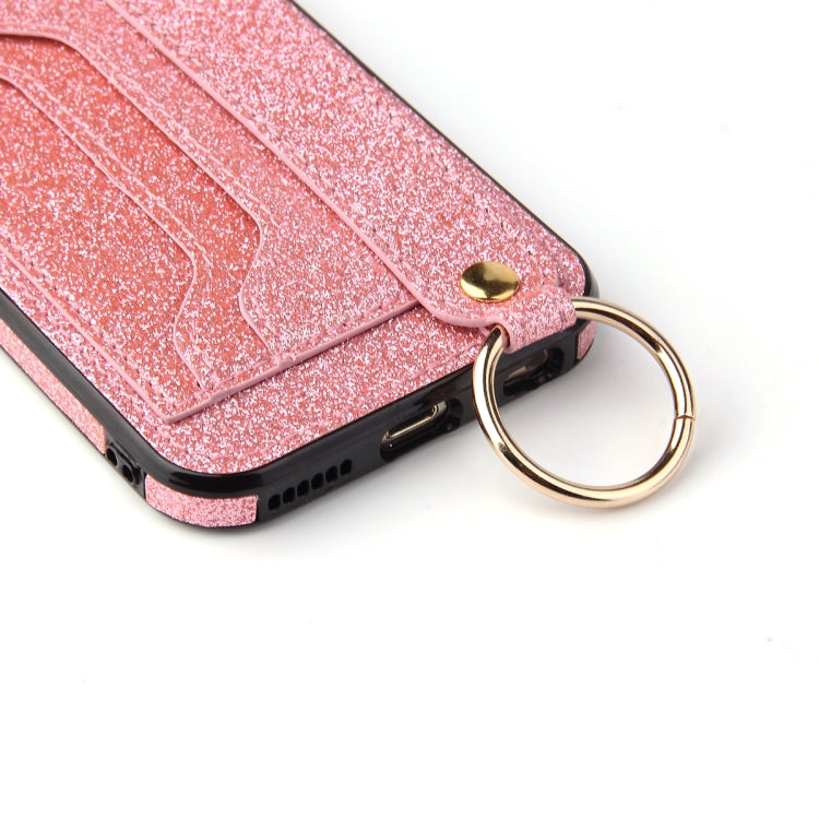 For iPhone SE 2022 / SE 2020 / 8 / 7 Glitter Powder PU+TPU Shockproof Protective Case with Holder & Card Slots & Wrist Strap