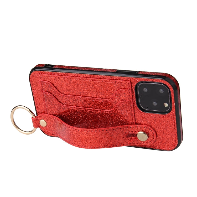 For iPhone 11 Glitter Powder PU+TPU Shockproof Protective Case with Holder & Card Slots & Wrist Strap