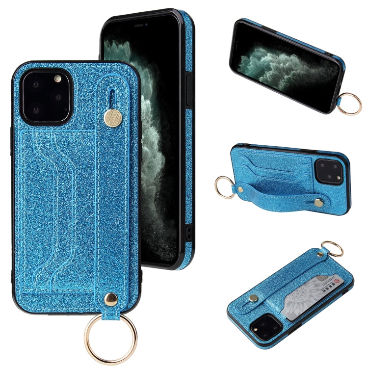 For iPhone 11 Glitter Powder PU+TPU Shockproof Protective Case with Holder & Card Slots & Wrist Strap