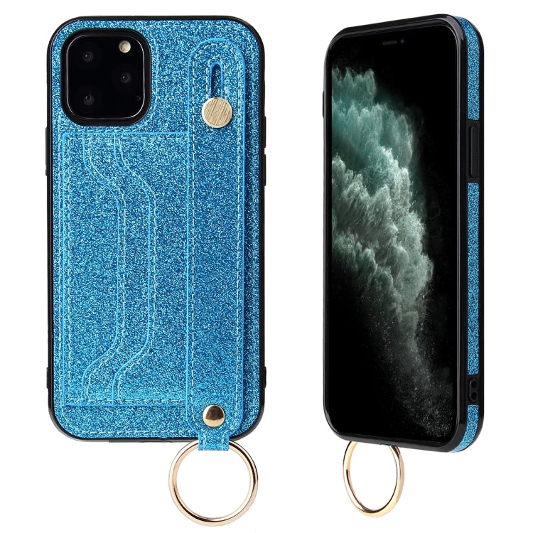 For iPhone 11 Glitter Powder PU+TPU Shockproof Protective Case with Holder & Card Slots & Wrist Strap