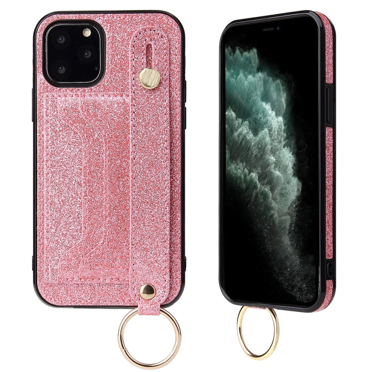 For iPhone 11 Pro Glitter Powder PU+TPU Shockproof Protective Case with Holder & Card Slots & Wrist Strap