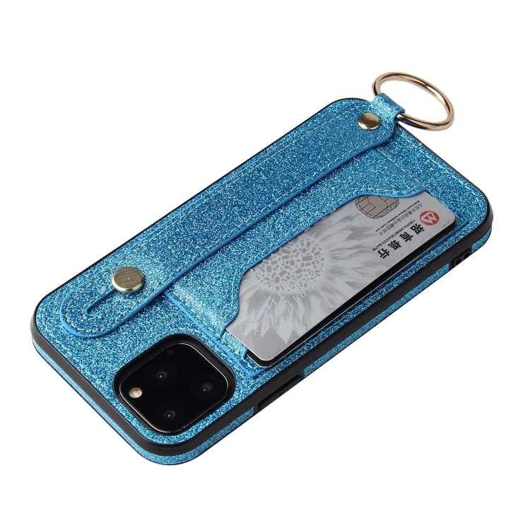 For iPhone 11 Pro Glitter Powder PU+TPU Shockproof Protective Case with Holder & Card Slots & Wrist Strap