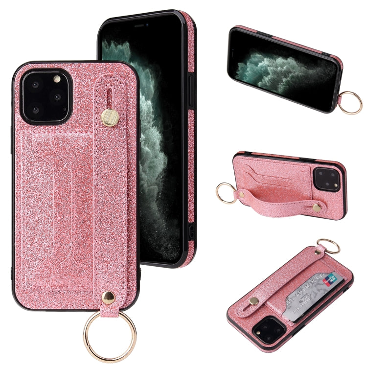 For iPhone 11 Pro Max Glitter Powder PU+TPU Shockproof Protective Case with Holder & Card Slots & Wrist Strap