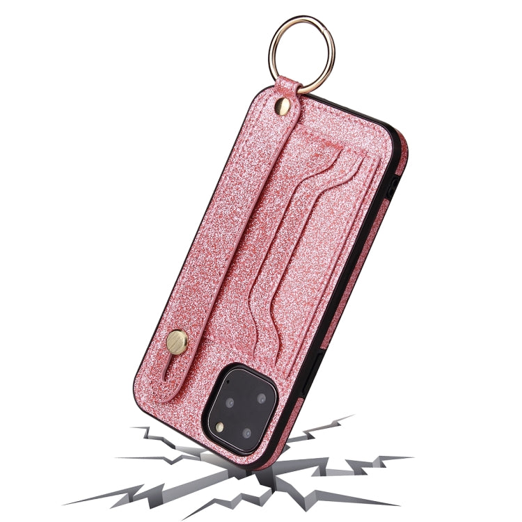 For iPhone 11 Pro Max Glitter Powder PU+TPU Shockproof Protective Case with Holder & Card Slots & Wrist Strap