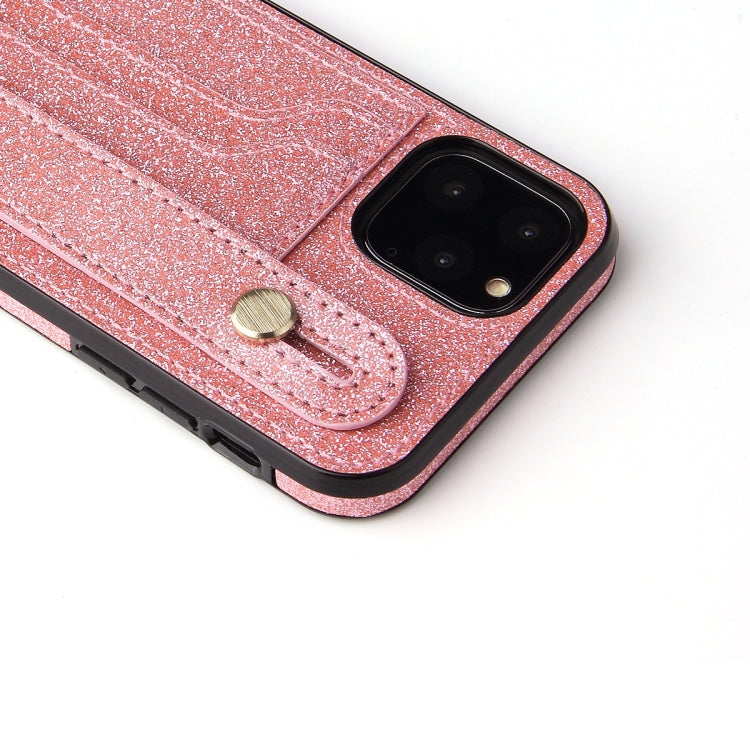 For iPhone 11 Pro Max Glitter Powder PU+TPU Shockproof Protective Case with Holder & Card Slots & Wrist Strap