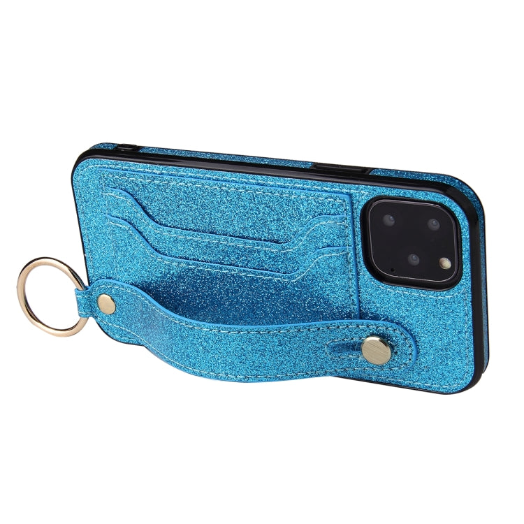 For iPhone 11 Pro Max Glitter Powder PU+TPU Shockproof Protective Case with Holder & Card Slots & Wrist Strap