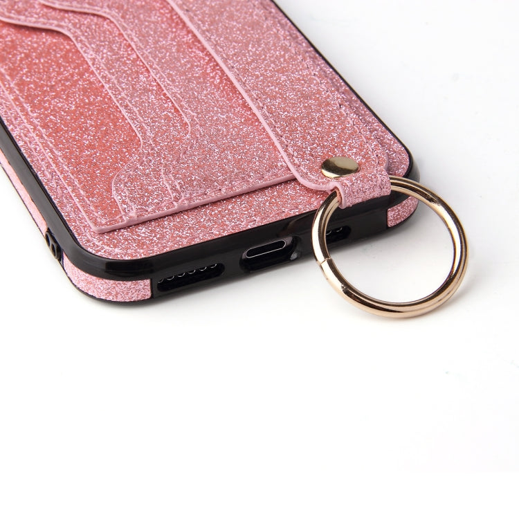 For iPhone 11 Pro Max Glitter Powder PU+TPU Shockproof Protective Case with Holder & Card Slots & Wrist Strap
