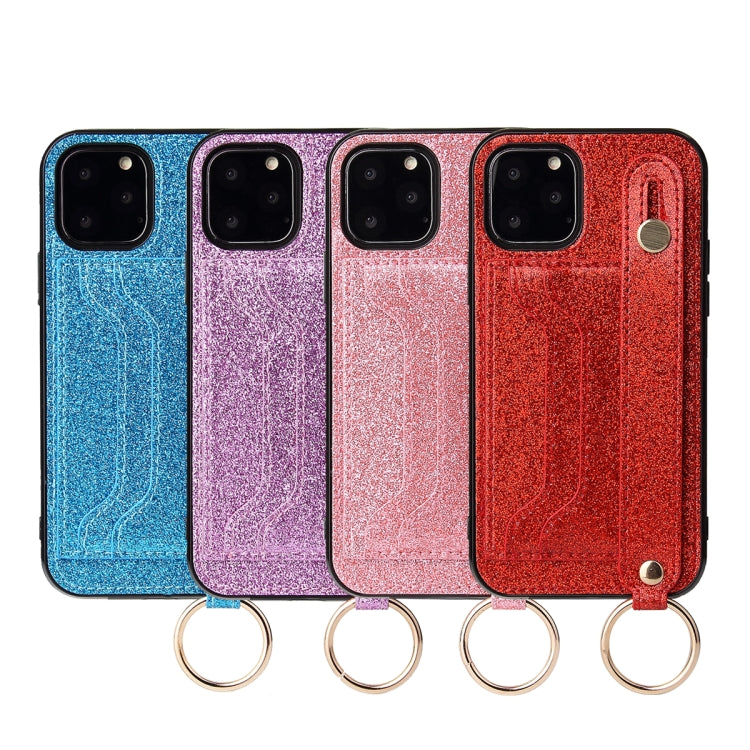 For iPhone 11 Pro Max Glitter Powder PU+TPU Shockproof Protective Case with Holder & Card Slots & Wrist Strap