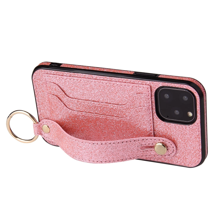 For iPhone 12 mini Glitter Powder PU+TPU Shockproof Protective Case with Holder & Card Slots & Wrist Strap
