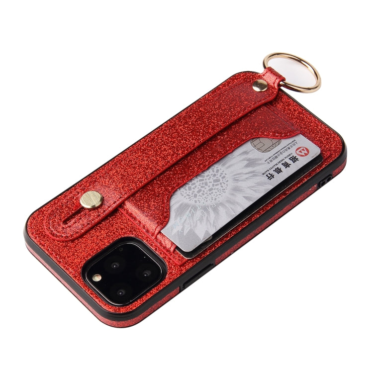 For iPhone 12 mini Glitter Powder PU+TPU Shockproof Protective Case with Holder & Card Slots & Wrist Strap