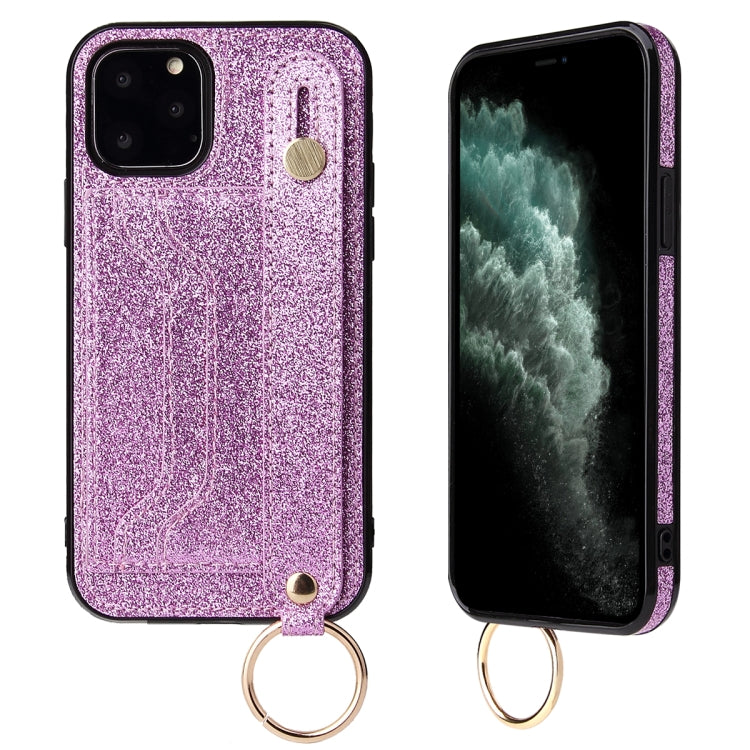 For iPhone 12 mini Glitter Powder PU+TPU Shockproof Protective Case with Holder & Card Slots & Wrist Strap