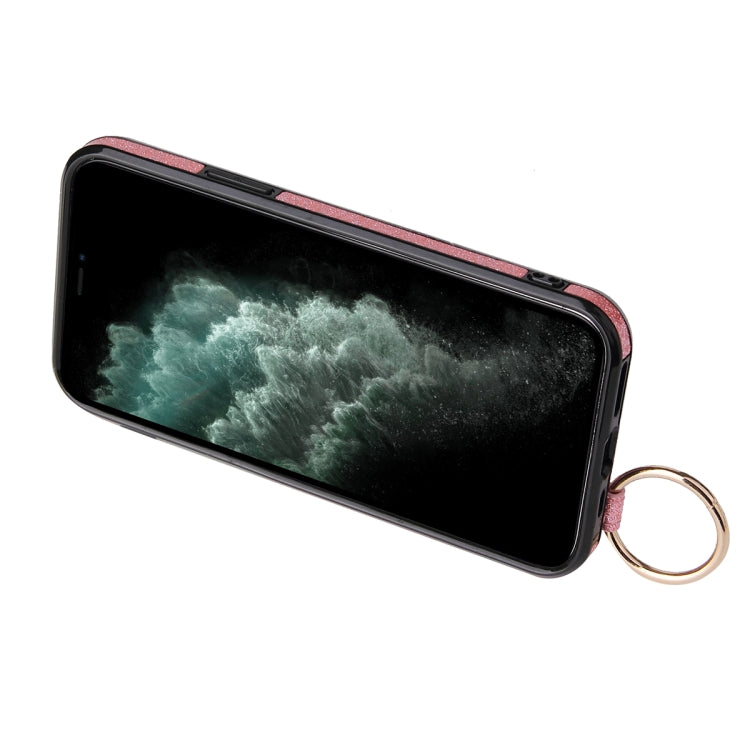 For iPhone 12 Pro Max Glitter Powder PU+TPU Shockproof Protective Case with Holder & Card Slots & Wrist Strap