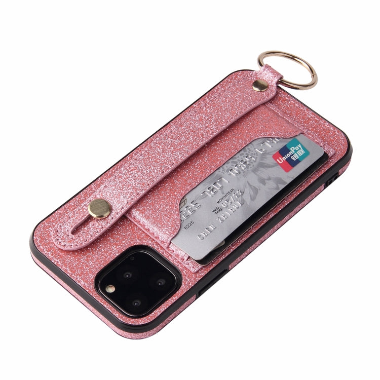 For iPhone 12 Pro Max Glitter Powder PU+TPU Shockproof Protective Case with Holder & Card Slots & Wrist Strap