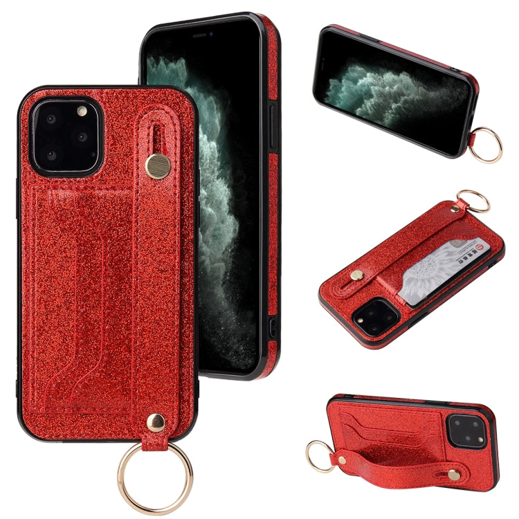 For iPhone 12 Pro Max Glitter Powder PU+TPU Shockproof Protective Case with Holder & Card Slots & Wrist Strap