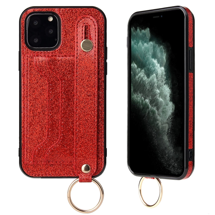 For iPhone 12 Pro Max Glitter Powder PU+TPU Shockproof Protective Case with Holder & Card Slots & Wrist Strap
