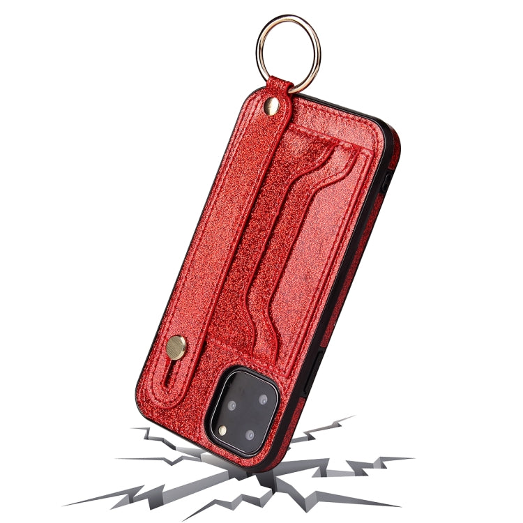 For iPhone 12 Pro Max Glitter Powder PU+TPU Shockproof Protective Case with Holder & Card Slots & Wrist Strap