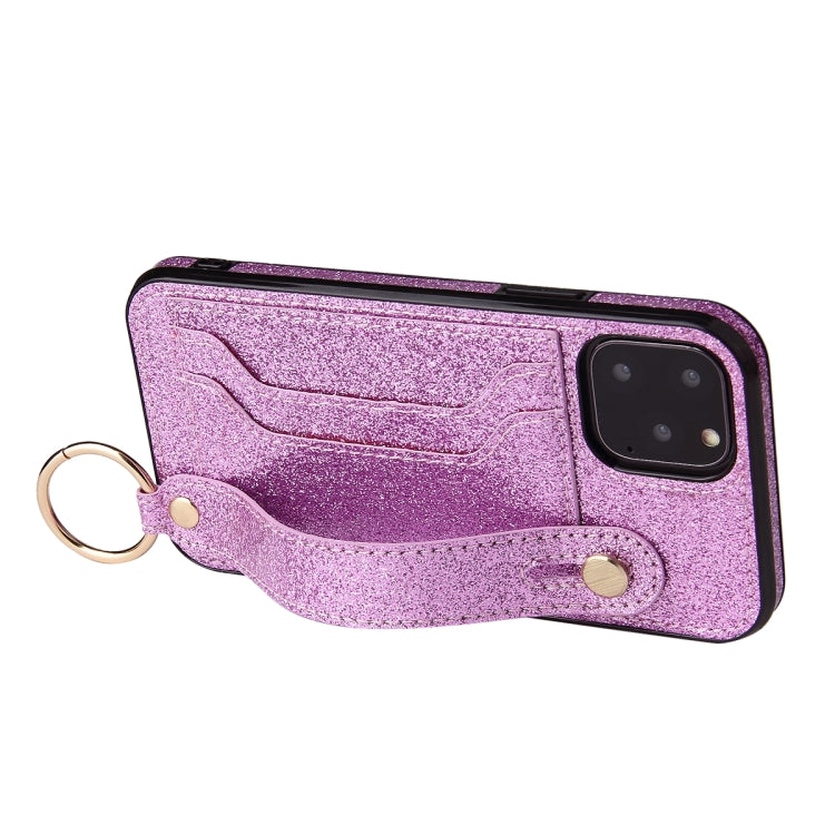 For iPhone 12 Pro Max Glitter Powder PU+TPU Shockproof Protective Case with Holder & Card Slots & Wrist Strap