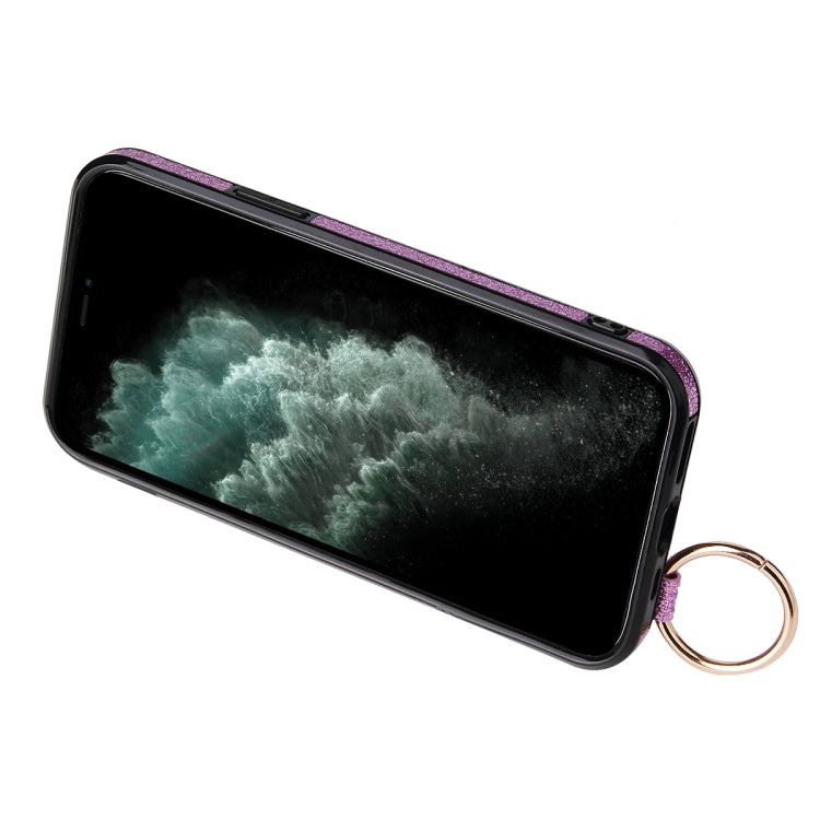 For iPhone 12 Pro Max Glitter Powder PU+TPU Shockproof Protective Case with Holder & Card Slots & Wrist Strap