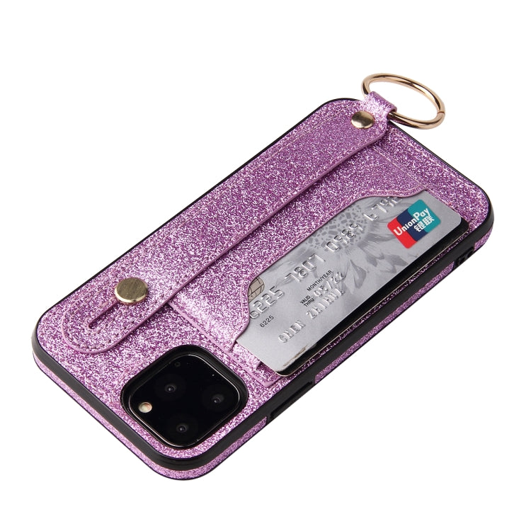 For iPhone 12 Pro Max Glitter Powder PU+TPU Shockproof Protective Case with Holder & Card Slots & Wrist Strap