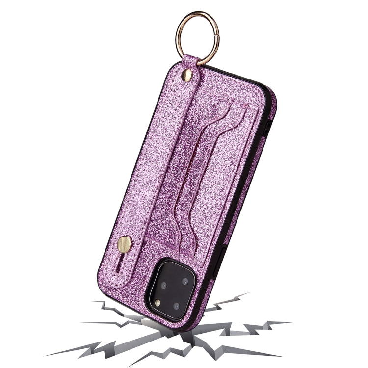 For iPhone 12 Pro Max Glitter Powder PU+TPU Shockproof Protective Case with Holder & Card Slots & Wrist Strap