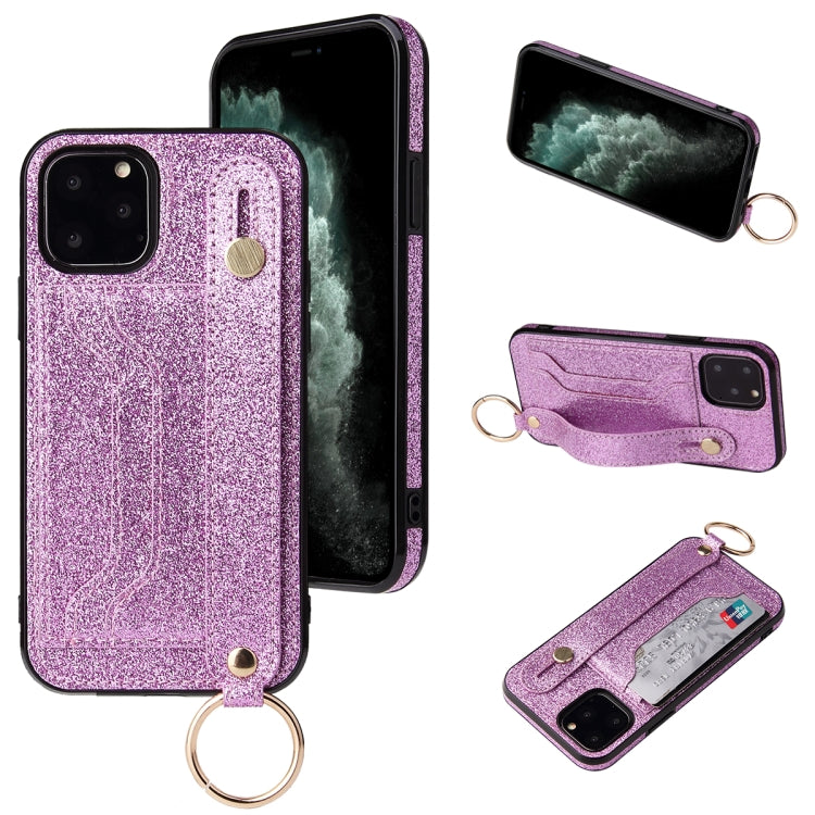 For iPhone 12 Pro Max Glitter Powder PU+TPU Shockproof Protective Case with Holder & Card Slots & Wrist Strap