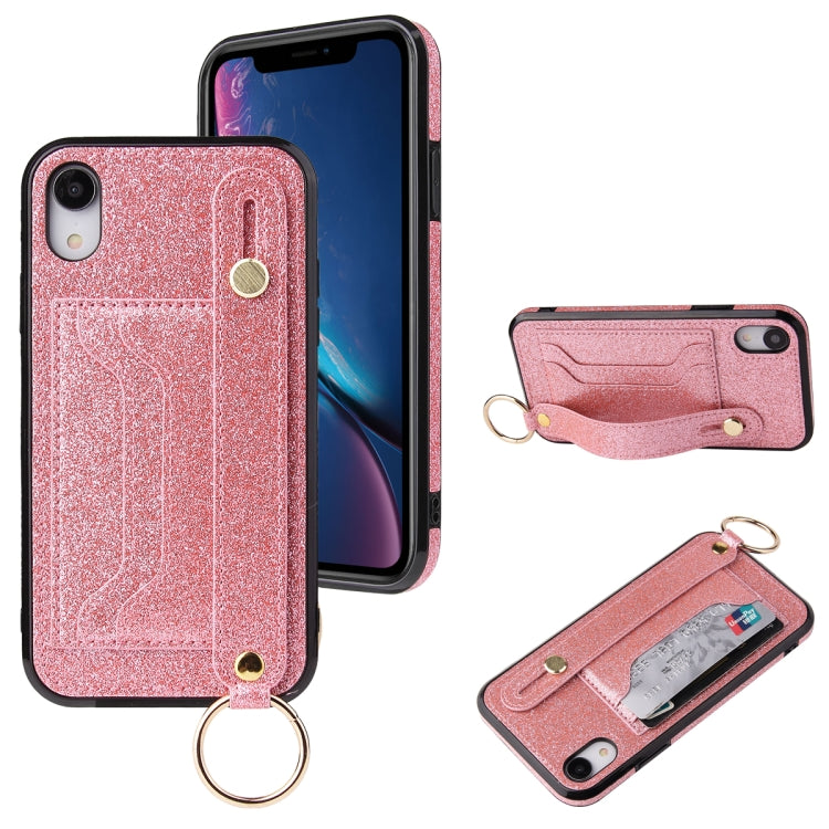 For iPhone XR Glitter Powder PU+TPU Shockproof Protective Case with Holder & Card Slots & Wrist Strap